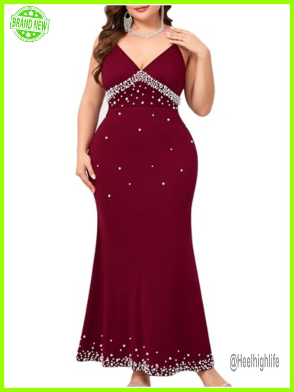 Plus Size Mermaid Evening Dress V Neck Pearl Beaded Maxi Gown Wedding Guest
